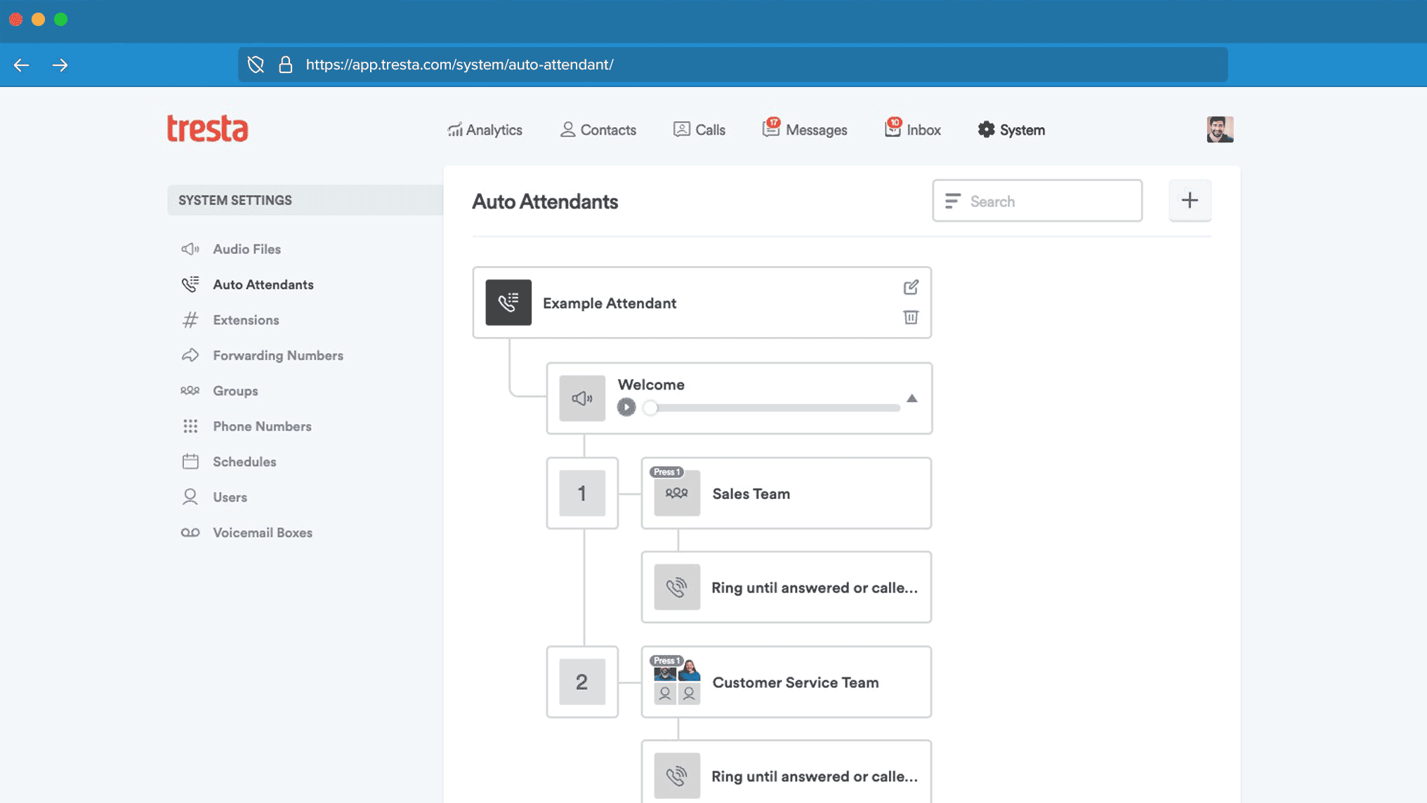 Browser displaying auto attendants of Tresta web app