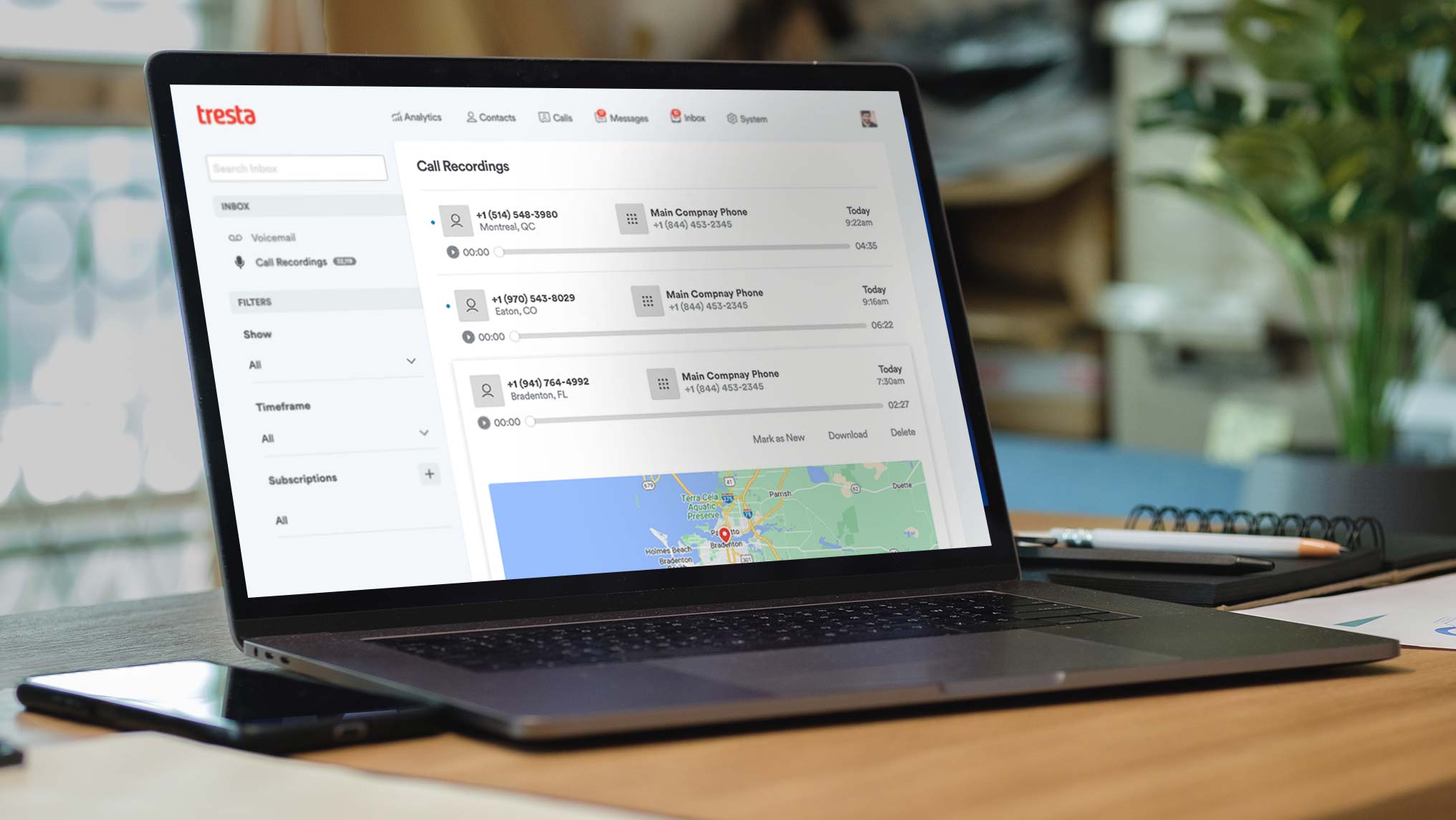 Laptop with Tresta web app inbox call recordings