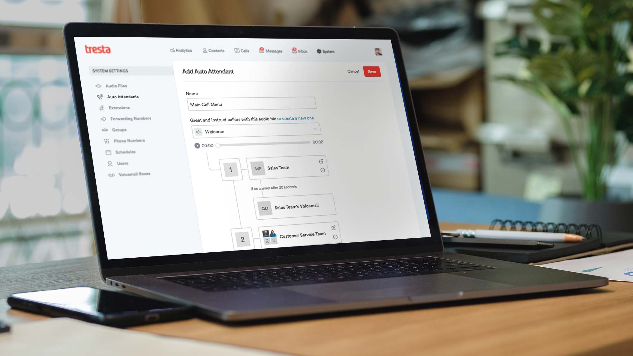 Laptop with Tresta web app system settings add auto attendant